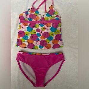 Girls medium (7/8) Xhileration pink with yellow, blue, green circles tankini